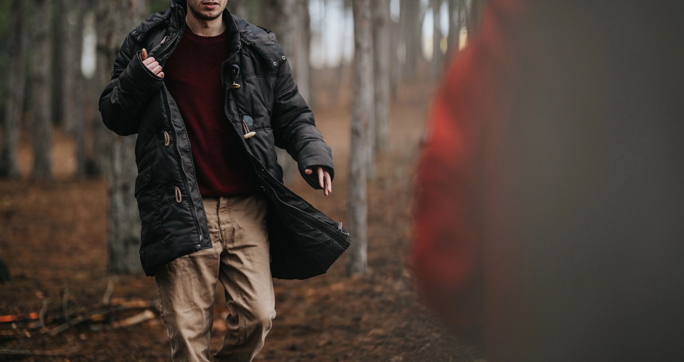 Landowner walking through pine forest